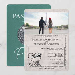 Turquoise Paris Passport Bruiloft Kaart
