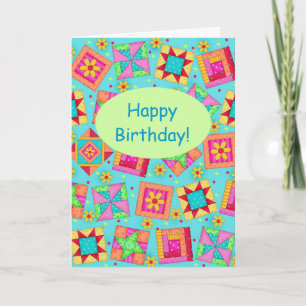 Turquoise Patchwork Quilt Block Art Happy Birthday Kaart