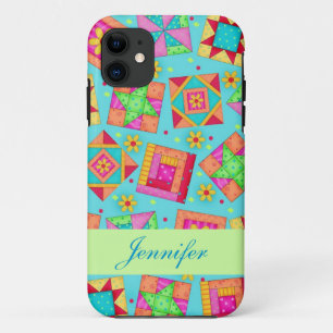 Turquoise Patchwork Quiltblok Art Custom iPhone 11 Hoesje