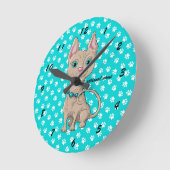 Turquoise Paw Print Sphynx Cat Wall Clock Ronde Klok (Hoek)