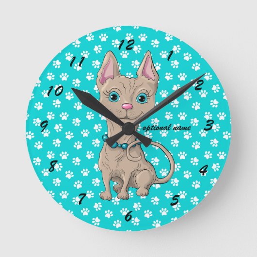 Turquoise Paw Print Sphynx Cat Wall Clock Ronde Klok (Voorkant)