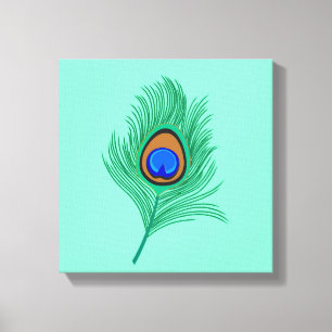 Turquoise Peacock Feather on Light Aqua Canvas Afdruk