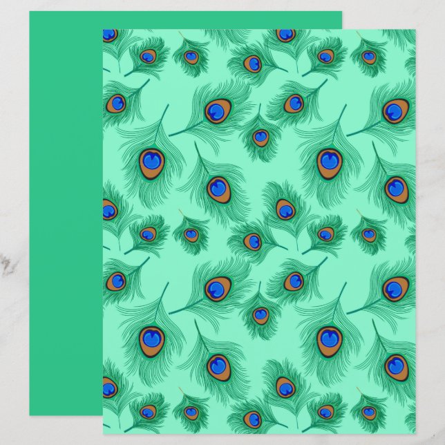 Turquoise Peacock Feathers on Light Aqua (Voorkant / Achterkant)