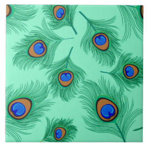 Turquoise Peacock Feathers on Light Aqua Tegeltje