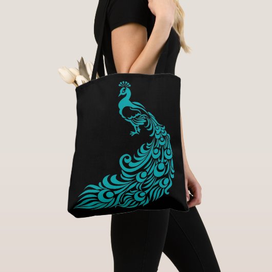 Turquoise Peacock Silhouette Sac fourre-tout noir (De près)
