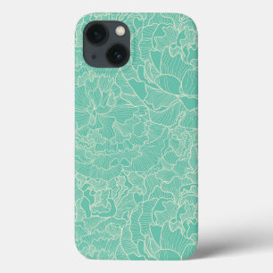 Turquoise Peony Pattern iPhone 13 Hoesje