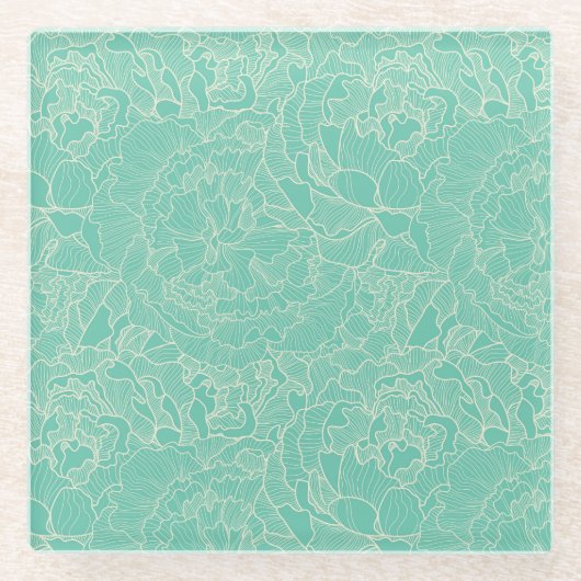 Turquoise Peony Pattern Glazen Onderzetter (Voorkant)