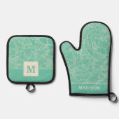 Turquoise Peony Pattern Ovenwant & Pannenlap Set (Voorkant)