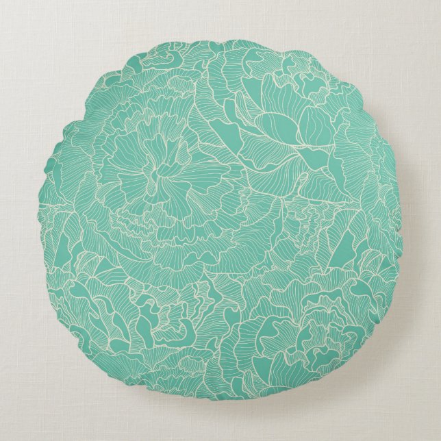 Turquoise Peony Pattern Rond Kussen (Voorkant)