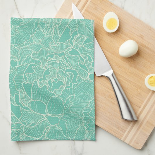 Turquoise Peony Pattern Theedoek (Quarter Fold)