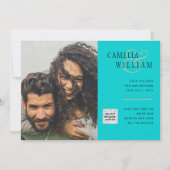 Turquoise Photo Wedding Invite QR Code Save Date Kaart (Voorkant)