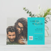 Turquoise Photo Wedding Invite QR Code Save Date Kaart (Staand voorkant)