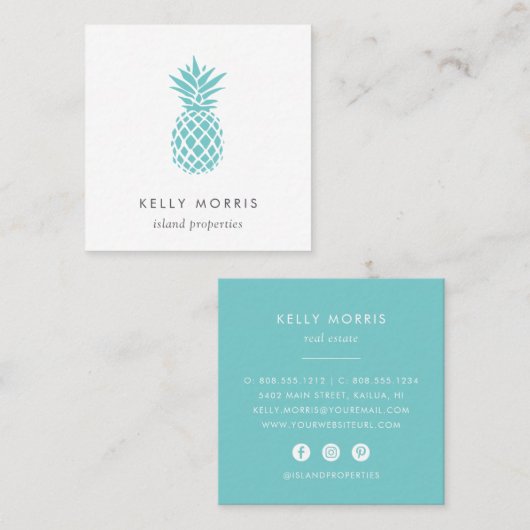 Turquoise Pineapple Vierkante Visitekaartje (Voorkant / Achterkant)