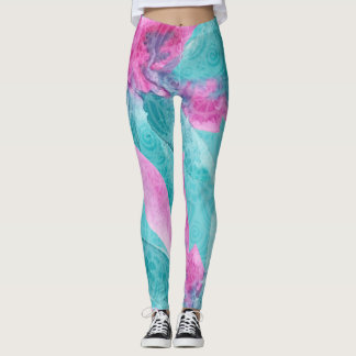 Turquoise Pink Abstracte Hawaiian Flowers Leggings
