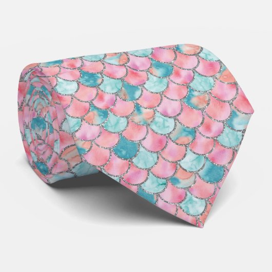 Turquoise Pink en Silver Mermaid Scales Stropdas (Opgerold)