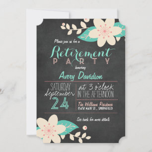 Turquoise Pink Floral Chalkboard Retirement Party Kaart