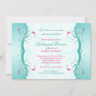 Turquoise Pink Floral Rehearsal Dinner Invitation Kaart