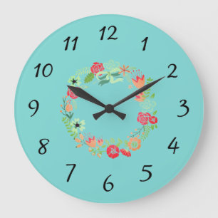 Turquoise Pink Wreath Wall Clock Grote Klok