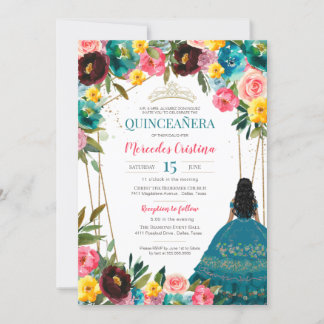 Turquoise Pink Yellow Fiesta Floral Quinceanera Kaart