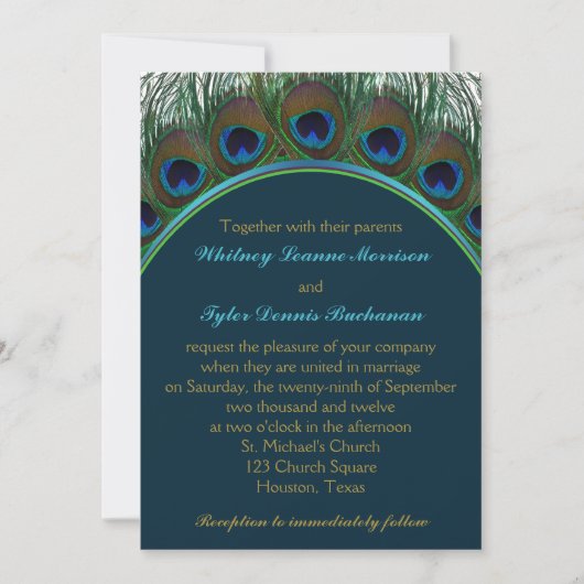 Turquoise, Plumes Peacock Or Faire-part de mariage (Devant)