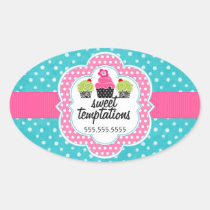 Turquoise polka dot cupcake bakkerij bedrijf ovale sticker