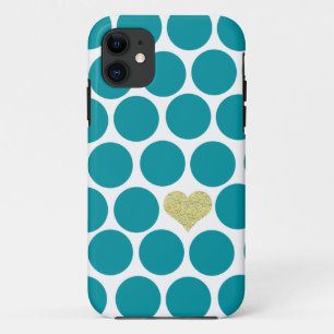 Turquoise Polka Dots Glitter Heart iPhone iPhone 11 Hoesje