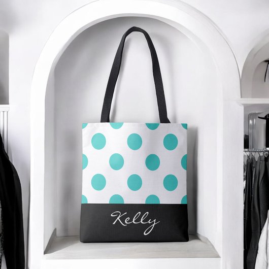 Turquoise Polka Dots met Monogram Tote Bag