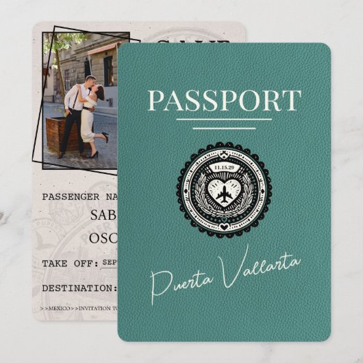 Turquoise Puerta Vallarta Passport Save The Date (Voorkant / Achterkant)