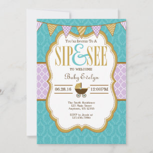 Turquoise Purple Gold Sip Et Voir Invitation