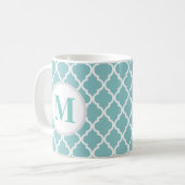 Turquoise Quatrefoil Marocain Monogramme Café Mug (Devant gauche)