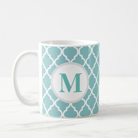Turquoise Quatrefoil Marocain Monogramme Café Mug (Gauche)