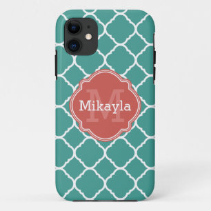 Turquoise Quatrefoil Pattern Coral Monogram iPhone 11 Hoesje