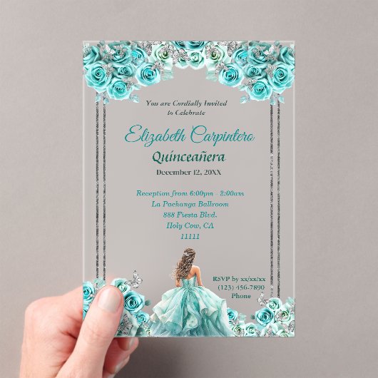 Turquoise Quinceañera Rozen en zilveren vlinders Acryl Uitnodigingen (Insitu (Draagbaar))