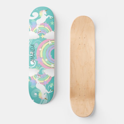 Turquoise Rainbow Unicorn Skateboard (Recto)