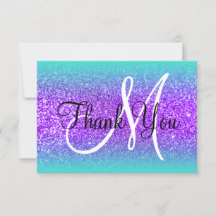 Turquoise Rand Ombre Paarse Glitters Monogram Bedankkaart
