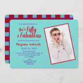 Turquoise, Red Vijftig en Fabulous Birthday Party Kaart (Voorkant / Achterkant)