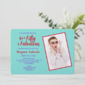 Turquoise, Red Vijftig en Fabulous Birthday Party Kaart (Staand voorkant)