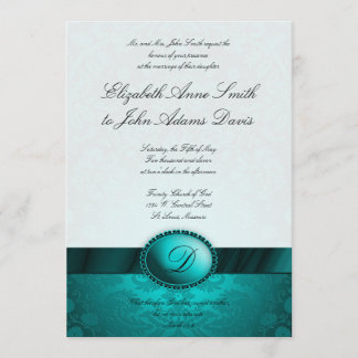 Turquoise Ribbon Damask Wedding Invitation Kaart