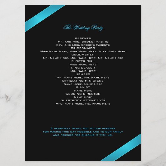 Turquoise Ribbon Wedding Programme Programma (Achterkant)