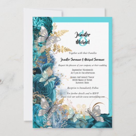 Turquoise roos butterfly blue Silver Goud bruiloft Kaart (Voorkant)