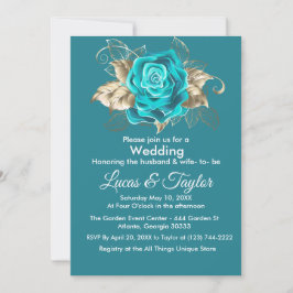 Turquoise Roos & gouden veren bruiloft uitnodiging