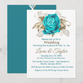 Turquoise Roos & gouden veren bruiloft uitnodiging (Voorkant / Achterkant)