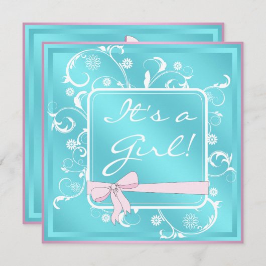 Turquoise rose blanc bébé fille douche Invitations (Devant / Derrière)