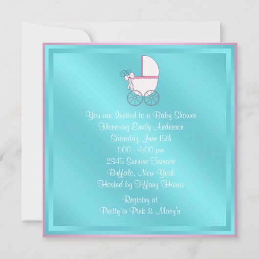 Turquoise rose blanc bébé fille douche Invitations (Dos)