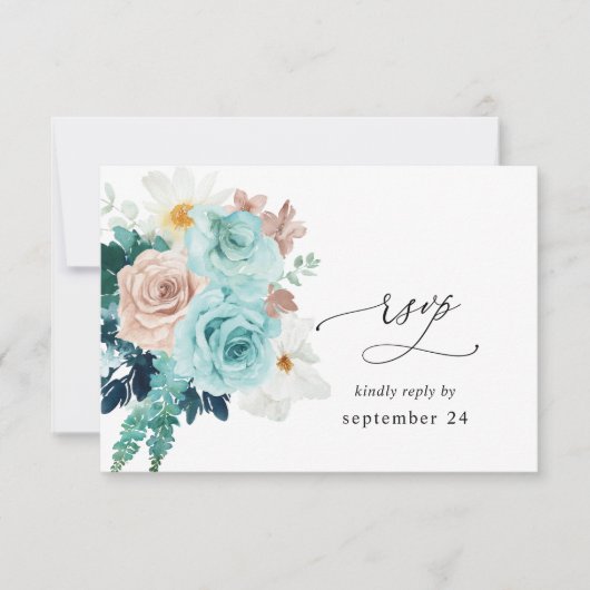 Turquoise & Rose Blush avec RSVP de repas (Devant)