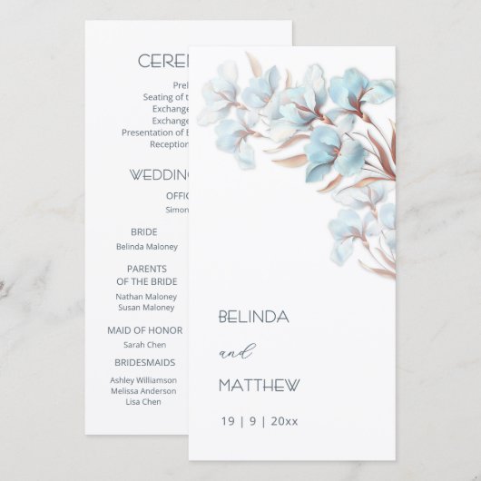 Turquoise Rose Gold Fleurs | Programme de Mariage (Devant / Derrière)