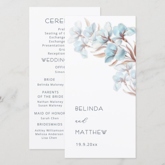 Turquoise Rose Gold Fleurs | Programme de Mariage (Devant / Derrière)