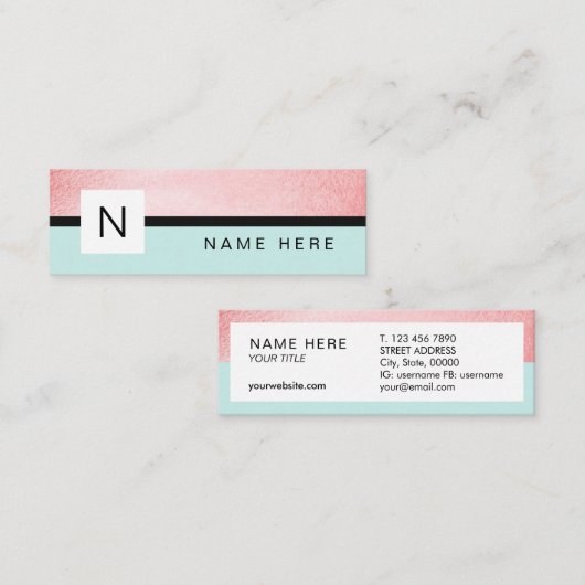 Turquoise Rose or Monogramme Mini Carte de visite (Devant / Derrière)