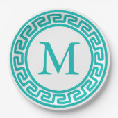 Turquoise Round Greek Key Border Monogram Papieren Bordje (Voorkant)