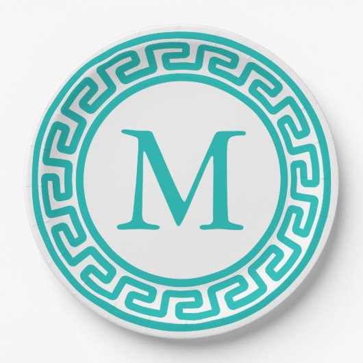 Turquoise Round Greek Key Border Monogram Papieren Bordje (Voorkant)